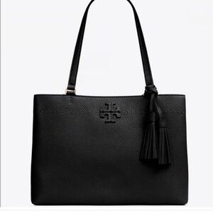 Like New Tory Burch Black Leather Tote Bag& tassel accent-excellent condition